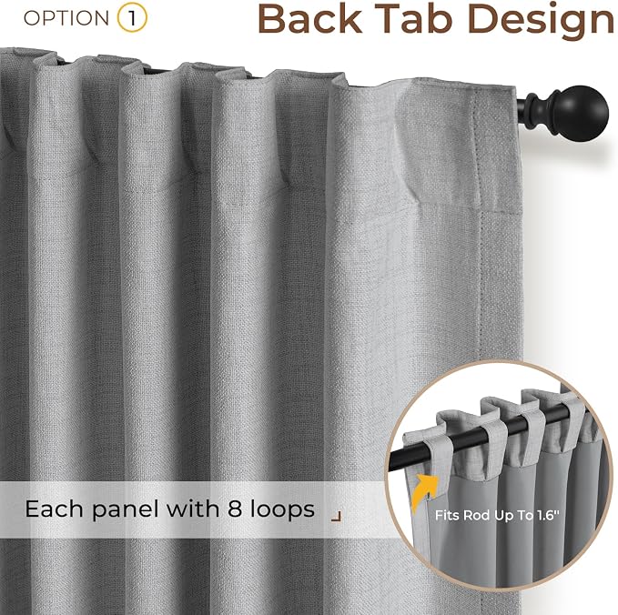 INOVADAY 100% Blackout Curtains 63 Inches Length 2 Panels Set, Back Tab/Rod Pocket Linen Black Out Curtains for Bedroom, Thermal Insulated Window Drapes - Grey, W50 X L63