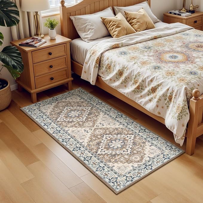 Lessymo 2 x 5 Runner Rug, Machine Washable Area Rugs Boho Faux Wool Low Pile Area Rug for Bedroom, Floral Medallion Vintage Rugs with Non-Slip Rubber, Brown Beige