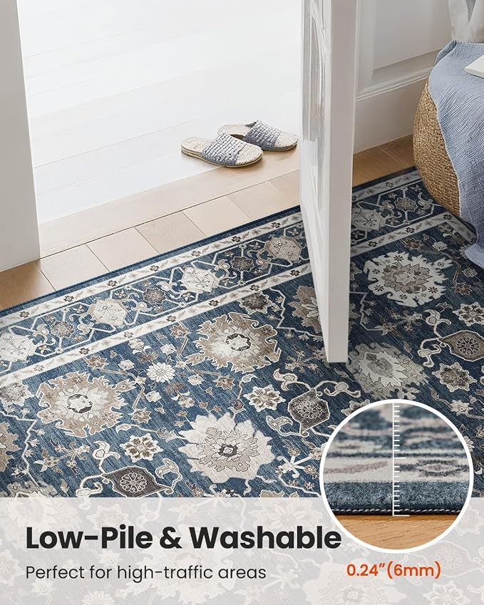 AMADA HOMEFURNISHING 8x10 Area Rug for Living Room,Vintage Washable Area Rug Low-Pile & Non-Slip Carpet for Bedroom Dining Room Nursery Home Office, Navy Blue/Brown