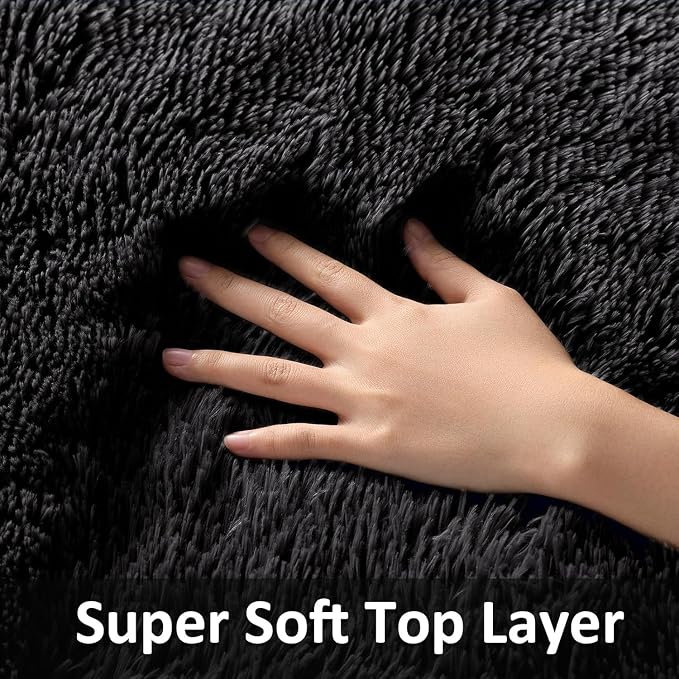 Ophanie Small Rug Washable Non Slip Throw Bedside Area Rugs, Fluffy Soft Mini Bedroom Carpet, 1.5x2.5 and 1.5x4 Rug Set, 2 Piece Black