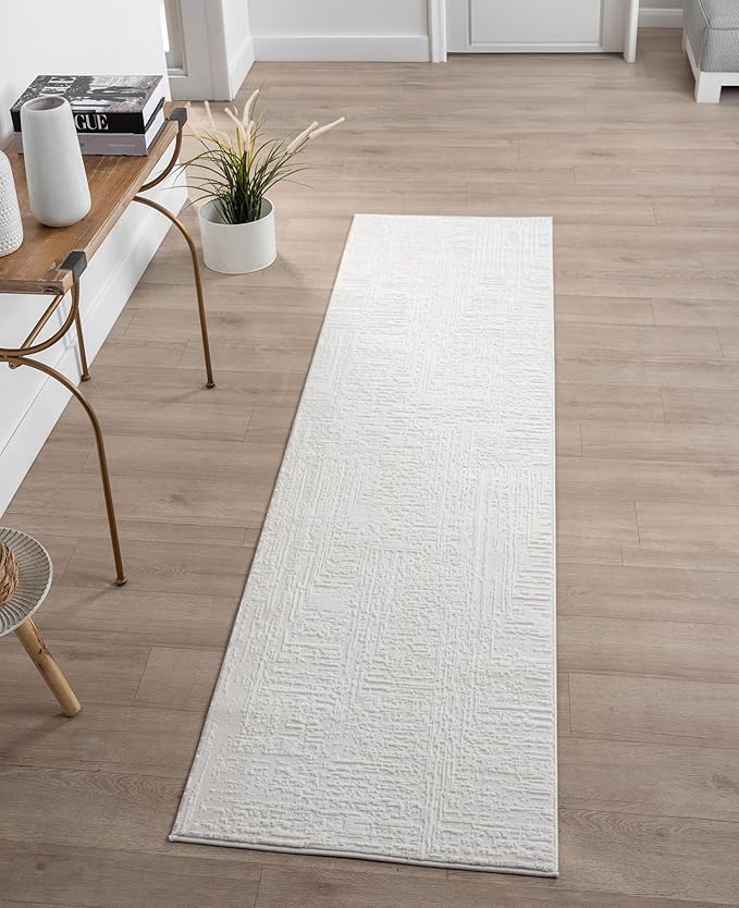 Amy Modern Abstract Runner Rug for Kitchen, 2x7 Contemporary Textured Geometric Cream Neutral Runner, High-Low Pile Stain Resistant Carpet for Bedroom, Hallway or Entryway (2' x 7', Cream)