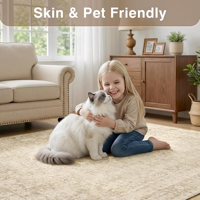 FMFUNCTEX 6x9 Washable Area Rug Beige Neutral Vintage Distressed Oriental Large Non Slip Carpet for Living Room Bedroom Traditional Retro Soft Low Pile Indoor Rugs for Dining Room Office Nursery