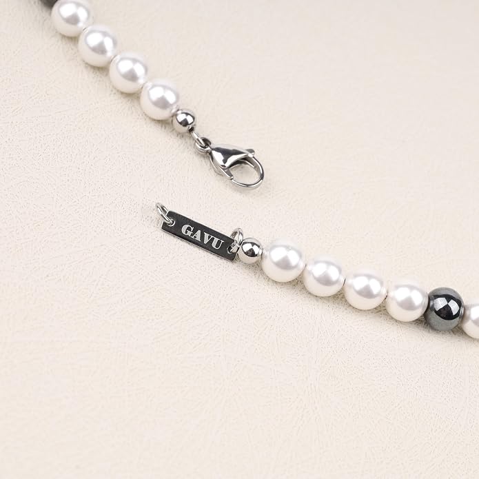GAVU Men's Pearl Necklace, Pearl Jewelry Crystal Beaded Necklace for Men 20"/22"/24"/26"