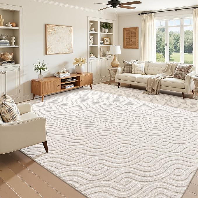 SHACOS 9x12 Large Area Rugs for Living Room Beige Solid Color Soft Fluffy Rug for Bedroom Non Slip Washable Indoor Mat Floor Carpet for Kids Room Nursery Office, High-Low Pile Boho Modern Rug