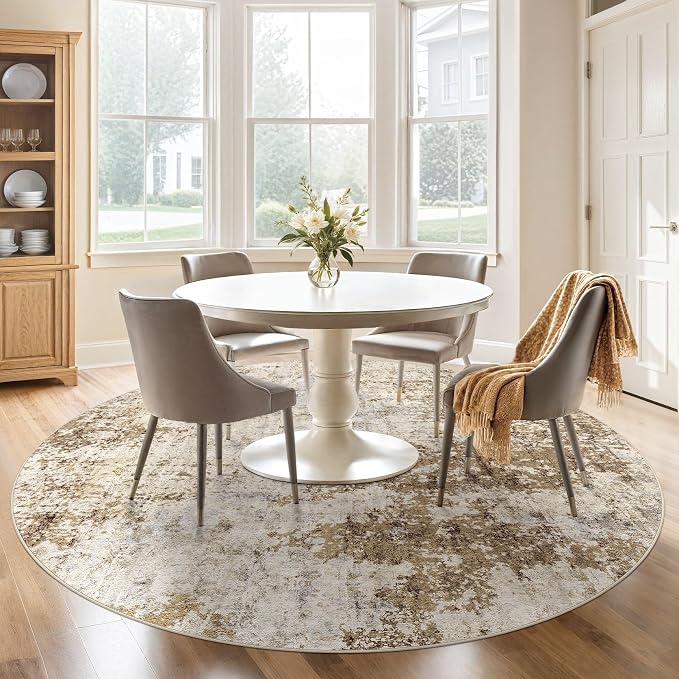 8ft Round Area Rug Living Room Rugs - 8x8 Washable Large Soft Indoor Neutral Modern Abstract Low Pile Rug Carpet for Bedroom Dining Room Farmhouse Home Office - Light Brown