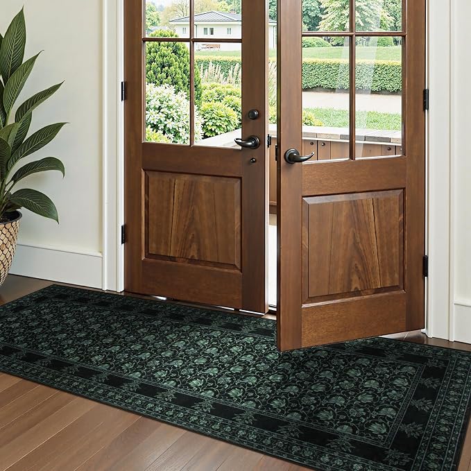 Lahome Black Kitchen Runner 2.5x8, Machine Washable Runners for Hallways, Vintage Floral Carpet Runners for Bedroom Laundry Room High Traffic (2'6"x8', Black/Green)