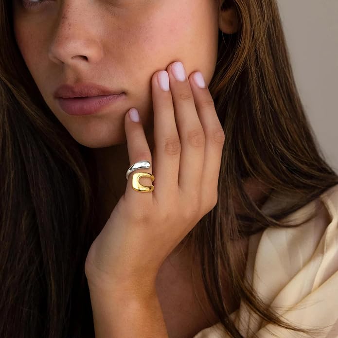 Gelbesty Waterproof Gold Statement Rings for Women, 14K Gold Plated Chunky Open Stackable Rings Non Tarnish Fashion Adjustable Stainless Steel Pinky Knuckle Signet Vintage Ring Jewelry Size 5-11