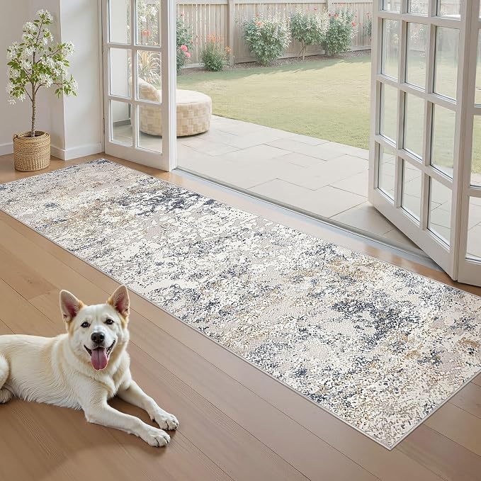 DMOYEST Washable Runner Rug for Hallway: 2x6 Neutral Modern Abstract Low Pile Area Rug with Non-Slip Backing - Carpet for Bedroom Kitchen Laundry Entryway Bathroom Indoor - Beige Blue