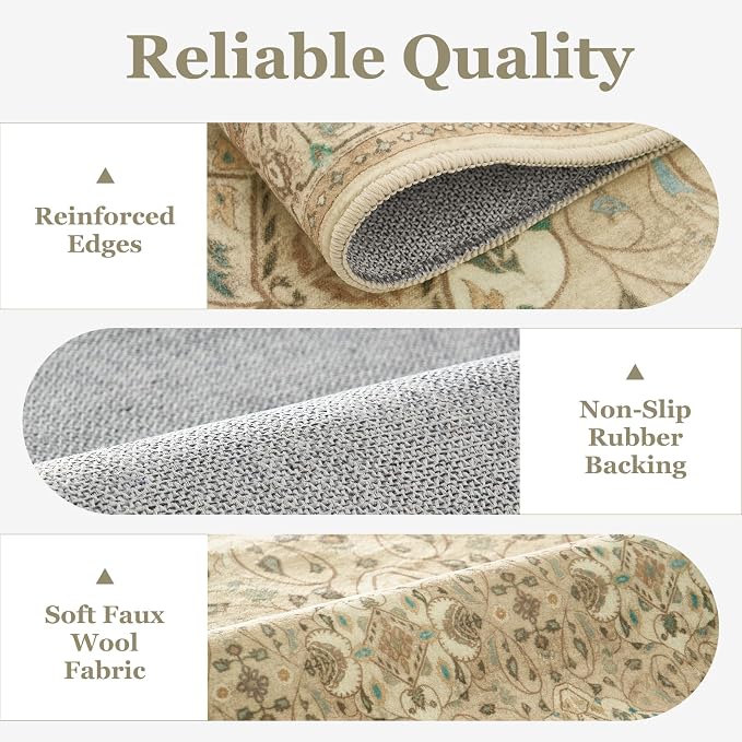 Warm Beige 9x12 Living Room Rug, Large Area Rug Washable Non Slip Low Pile Ultra Thin, Neutral Boho Floral Moroccan Pattern Printed Carpet Rug for Bedroom Dining Room