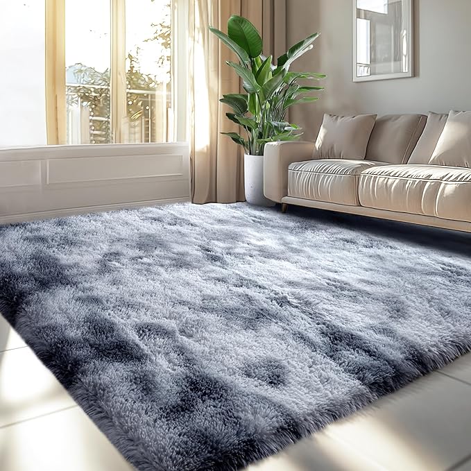 Fluffy Area Rug for Living Room: 6x9 Shag Rugs for Living Room- 6x9 Feet Fluffy Rugs for Bedroom- Shag Gray Area Rugs Soft Fuzzy Carpets for Bedroom, Nursery (Tie-Dyed Dark Grey,6x9)