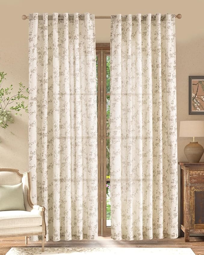 jinchan Taupe Floral Linen Curtains 90 Inch Farmhouse Back Tab 2 Panels | Flower patterned drapes, french country, light filtering, semi sheer, printed, bedroom, living room, office, window treatment