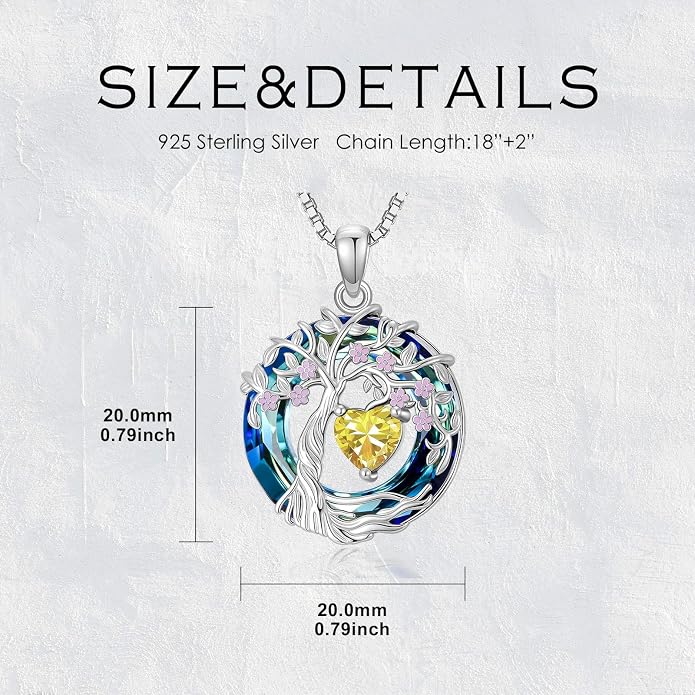 Tree of Life Birthstone Necklace 925 Sterling Silver Crystal Tree of Life Pendant Birthstone Jewelry Birthday Christmas Gifts for Women Mom Her Wife