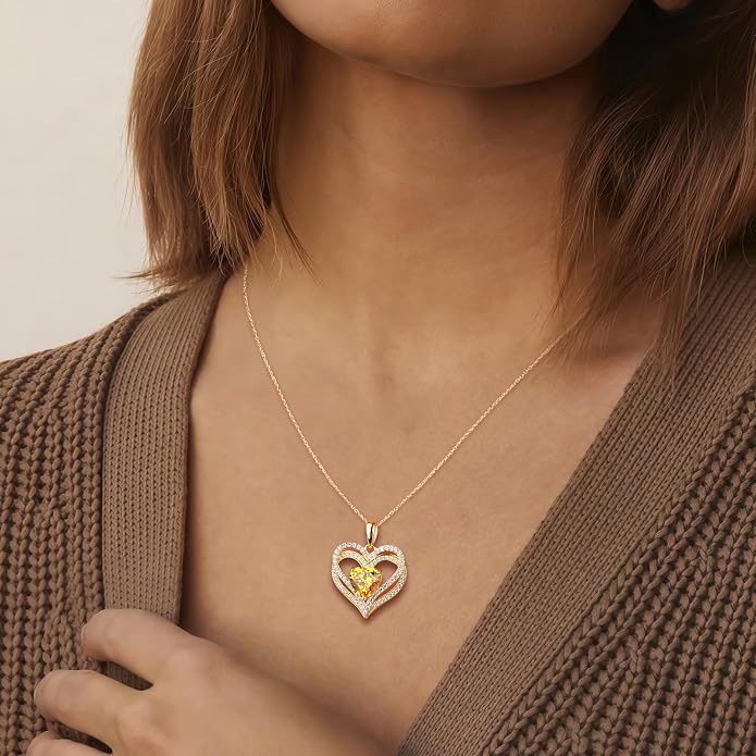 Anniversary Charm Necklace, Sterling Silver 14K Gold Plated Chain with Interlocking Heart Pendant Elegant Birthstone Necklaces for Women, Length 18"
