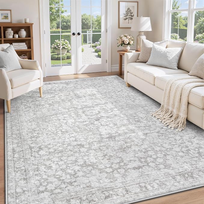 5x7 Area Rugs for Living Room: Boho Vintage Washable Rug Non-Slip Soft Stain Repellent Area Rugs Indoor Low-Pile Carpet for Bedroom Nursery Office Dining Room Playroom Farmhouse (Grey, 5'x7')