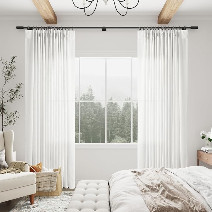 Off White Pleated Linen Curtains 96 Inches Long for Living Room 2 Panel Set Semi Sheer Light Filtering Pinch Pleat with Hooks Back Tab Drapes Neutral Boho 96 Inch Curtain for Bedroom Window 40x96