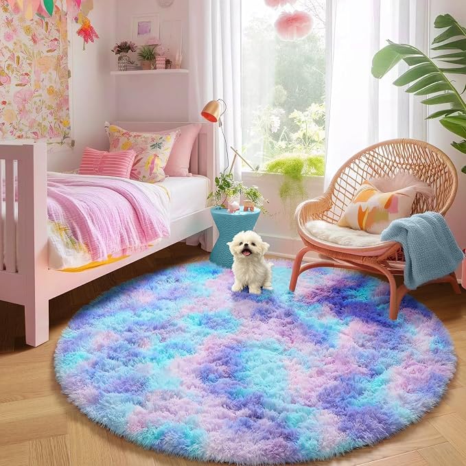 Amdrebio Purple Rainbow Small Round Rug 3Ft for Bedroom Girls Room Decor, Mermaid Kids Rugs for Playroom Nursery Dorm, Fluffy Furry Cute Shag Carpet, Kawaii Circle Area Rugs for Baby Toddler Princess