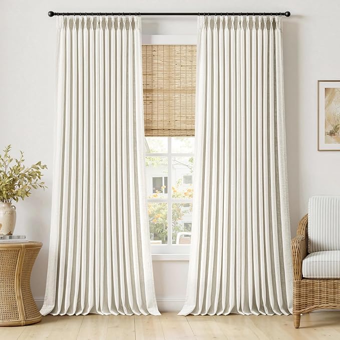MIULEE Pinch Pleated Thick Linen Curtains 102 Inches Long 2 Panels for Living Room Bedroom, Linen Texture Pleat Drapes Memory Trained Light Filtering Neutral Ivory Cream Farmhouse Window Curtains