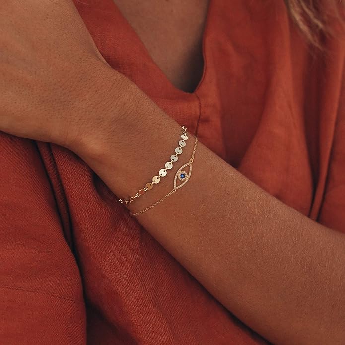 MTMY Evil Eye Bracelet for Women 14K Gold Plated Dainty Bracelets with Crystcal Adjustable Chain Cute Eye Bracelet Gold Jewelry for Her