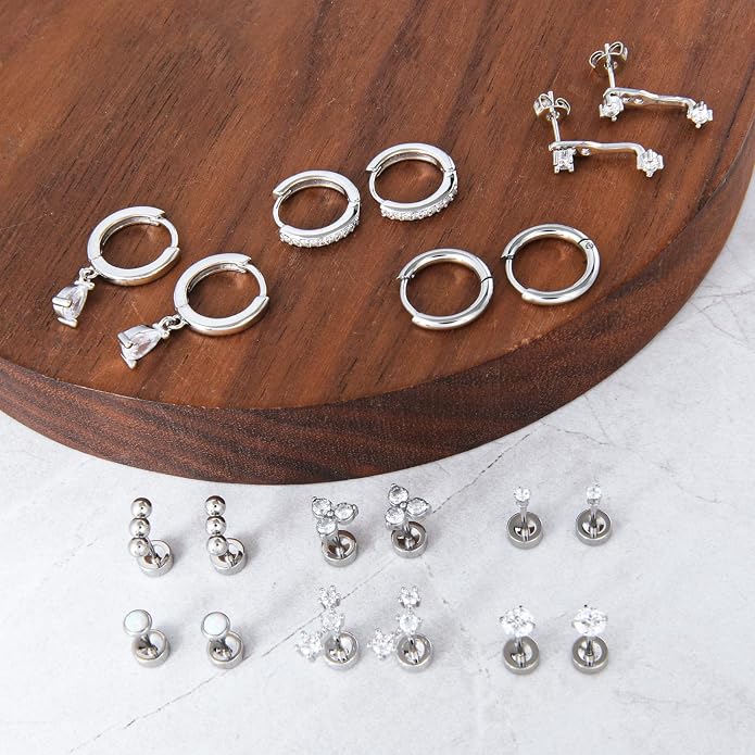 Stainless Steel Stud Earrings Set for Women Hypoallergenic Flat Back Cartilage Earrings Screw Back Huggie Hoop Earrings Multiple Piercing Cubic Zirconia Helix Tragus Jewelry