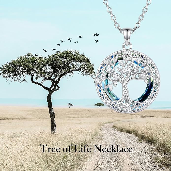 Tree of Life Birthstone Necklace 925 Sterling Silver Crystal Tree of Life Pendant Birthstone Jewelry Birthday Christmas Gifts for Women Mom Her Wife