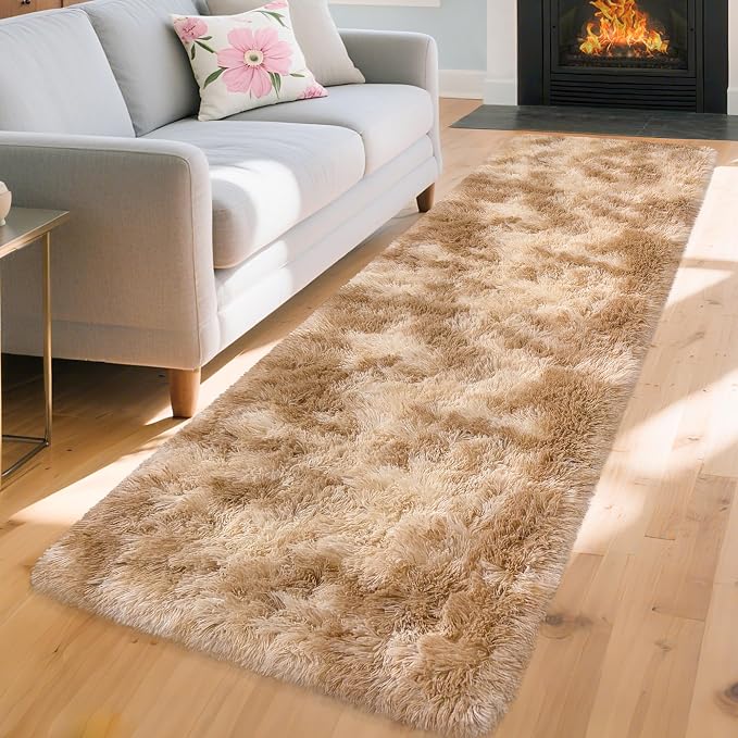 2x8 ft Plush High Pile Khaki Tie Dyed Rug Fluffy Soft Runner Bedside Rug for Bedroom Living Room Hallway Nursery Kids Home Decor Shag Carpet