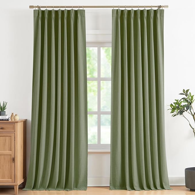 Vision Home Dark Green Pinch Pleated Full Blackout Curtains Linen Blended Room Darkening Curtain Panels 90 inch for Living Room Bedroom Thermal Insulated Pinch Pleat Drapes with Hooks 40" Wx90 Lx2