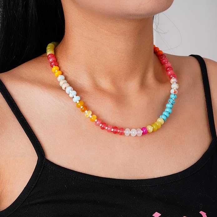 LALAPPLE Colorful Beaded Gemstone Necklace for Women, Boho Rainbow Bead Choker with Natural Stone Crystal Beads, Handmade Summer Beach Necklace Jewelry