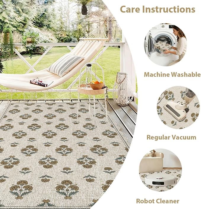 ORTIGIA Scalloped Easy Jute 3x5 Area Rug Vintage Yellow Block Floral Farmhouse Washable Rug Non-Slip Indoor Outdoor Carpet for Living Room Bedroom Kitchen Patio Entryway