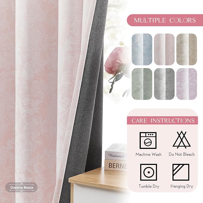 Beauoop Pink Floral Jacquard Blackout Curtains for Bedroom 52x108 2 Panels | Flower Chenille Room Darkening Drapes for Living Room 108 Inch Long Thermal Insulated Soundproof Window treatment Grommet