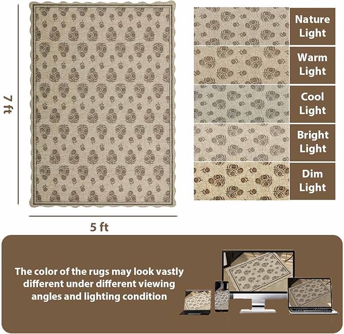 ORTIGIA Scalloped Easy Jute 5x7 Area Rug Vintage Brown Floral Accent Farmhouse Washable Rug Non-Slip Indoor Outdoor Carpet for Living Room Bedroom Patio Entryway