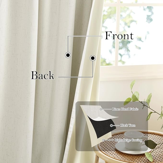 RYB HOME Cream White Linen Blackout Curtains, 100% Blackout Thermal Insulated Boho Farmhouse Window Curtain Panels for Living Room, Back Tab & Rod Pocket, 52" W x 84" L, 2 Panels Set