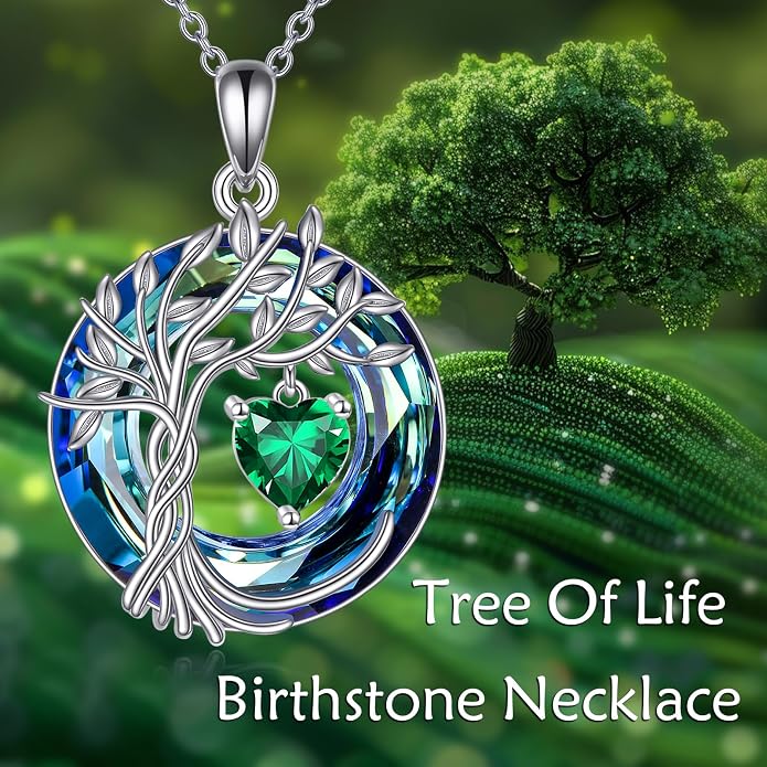 POPLYKE Mothers Day Gifts for Mom Her Wife Tree of Life Necklace 925 Sterling Silver Birthstone Pendant with Crystal Anniversary Birthday Wedding Jewelry for Women