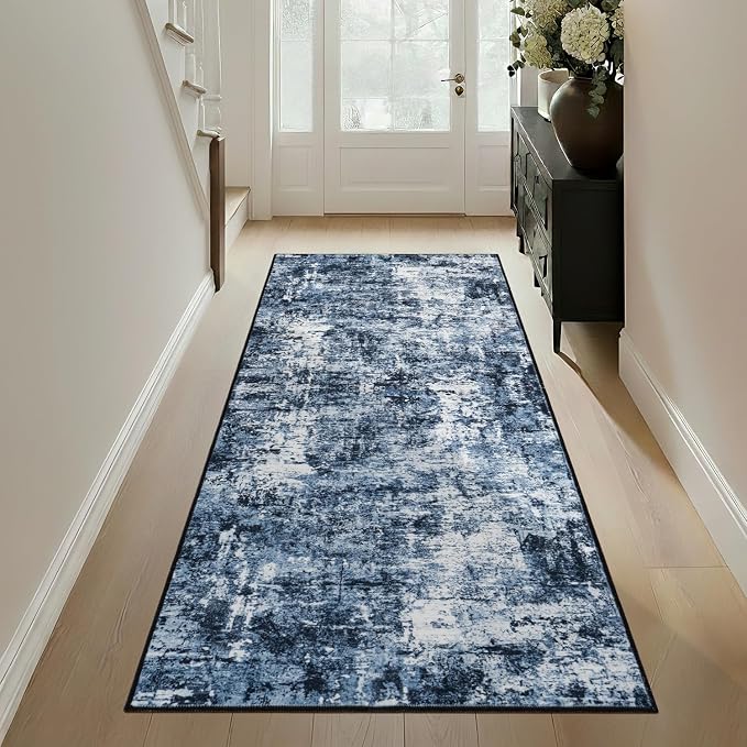Rugflix 2x7 Runner Rug for Entryway, Kitchen Rugs Soft Non-Slip Washable Runners for Hallway, Abstract Small Carpet with Non-Slip Backing for Bedroom, Living Room, Navy Blue/Black