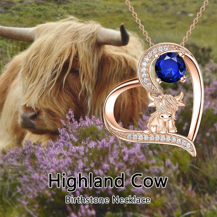 Highland Cow Gifts for Women 925 Sterling Silver Highland Cow Birthstone Necklace Fluffy Cow Jewelry Gifts Birthday Christmas