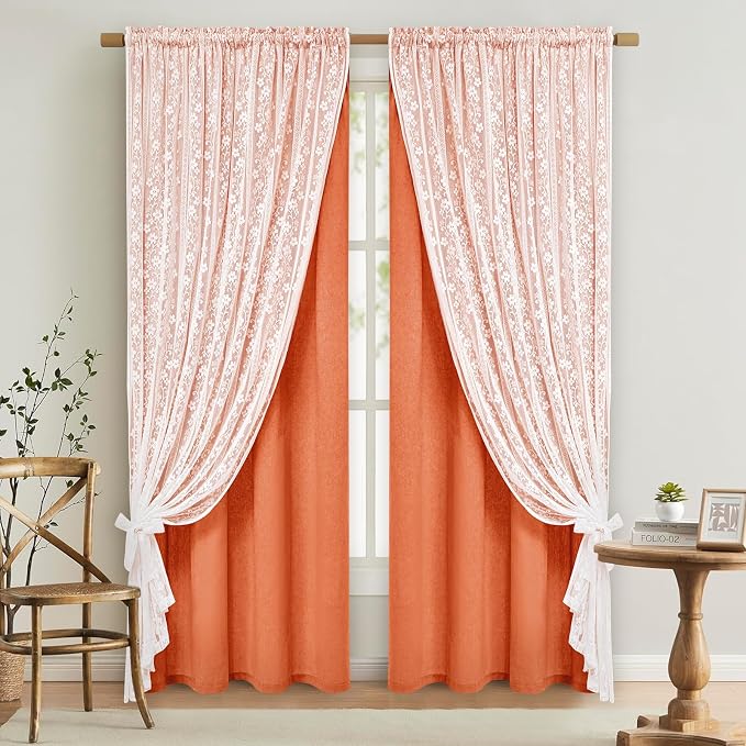 ASPMIZ Linen Curtains for Living Room Double Layers Curtains for Bedroom Farmhouse Window Curtain with Linen Lace, Orange Curtain 84 Inch Length 2 Panels Set, Rod Pocket Drapes with 2 Tiebacks, 52x84