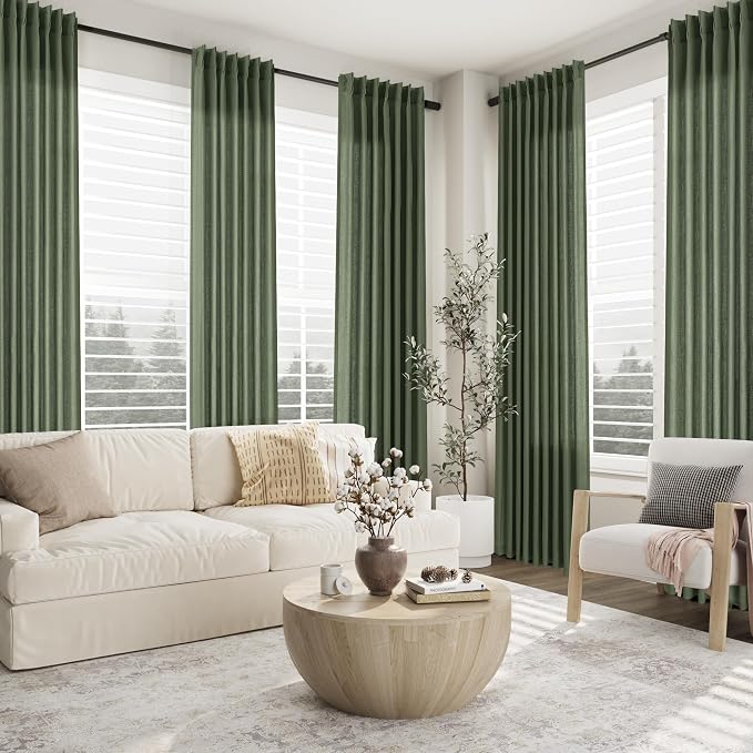 Aersas Olive Green Pinch Pleated Linen Curtains 96 Inches Long for Living Room 2 Panels for Track Back Tab Forest Spring Decor Boho Semi Sheer Window Drape for Bedroom