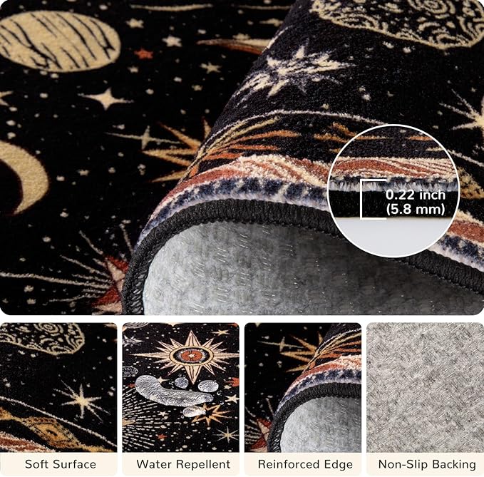 Vacuum-Friendly, 2x3 Washable Area Rug, Black Gold Beige Red | Sun and Moon Boho Gothic Non-Slip Low Pile Living Roon Bedroom Dining Room Kitchen Entry Entryway Entrance Hallway Doormat