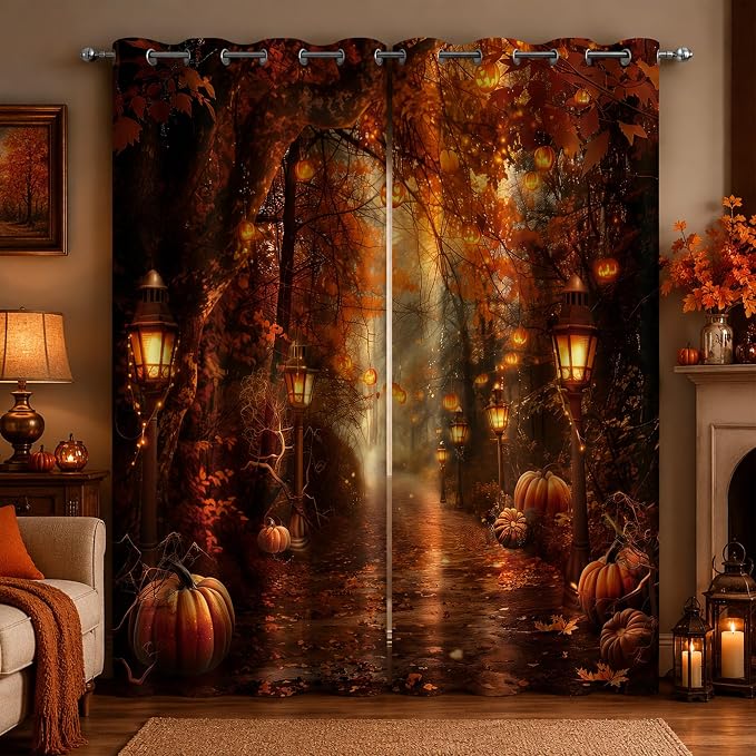 Halloween Forest Window Curtains 52 x 63 in, Pumpkin Lantern Autumn Path Drapes, Fall Woodland Curtains for Living Room Bedroom