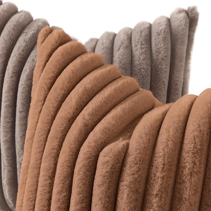 decorUhome Fall Faux Fur Throw Pillow Covers 20x20 Set of 2 Brown | Decorative Soft Cozy Striped Plush Modern Farmhouse Boho Couch Pillow Cases Velvet Back for Sofa Bed Living Room Home Decor