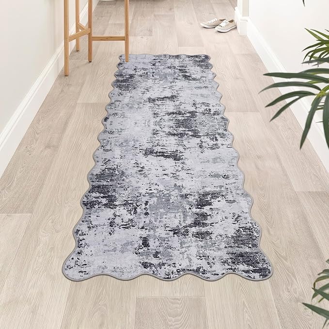 ROYHOME Scalloped Runner Rug 2x6 Modern Abstract Non Slip Soft Stain Resistant Low Pile Machine Washable Non Shed Rug for Hallway Kitchen Bathroom, Grey