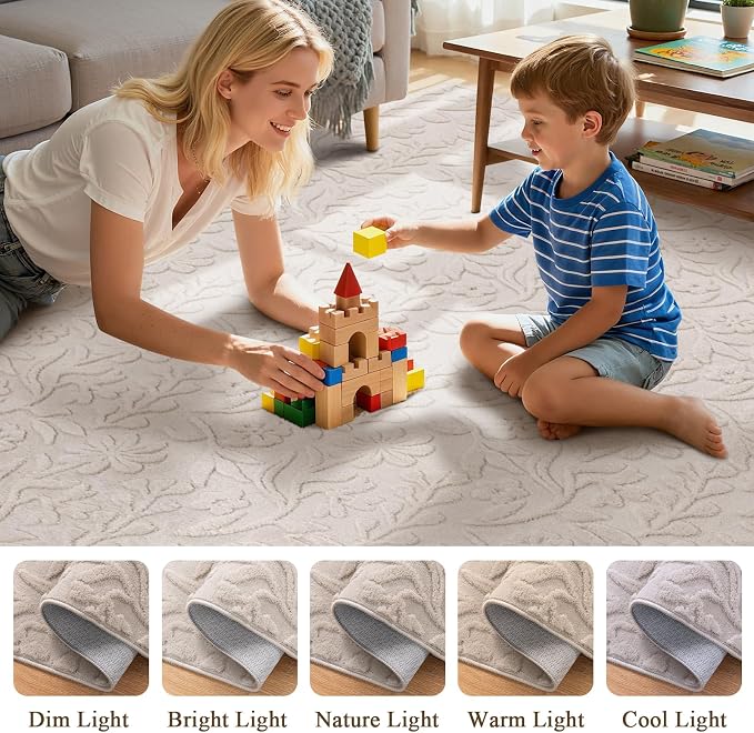 Vaukki 2x10 Runner Rug for Living Room, Soft Fluffy Washable Modern Floral Indoor Floor Mat, Non Slip Shaggy Boho Accent Throw Carpet for Bedroom, Living Room, Nursery and Dining Room, Beige