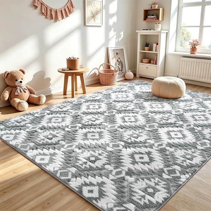 Macgace Ultra Soft Area Rug for Living Room, 6x9 Grey and White Shag Rugs | Washable Non-Slip Backing Medium Pile Modren Geometric Fuzzy Carpet for Kids Room, Girls Bedroom, Classroom, Dorm