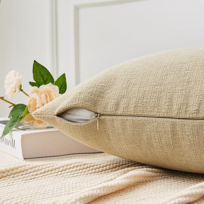 GAWAMAY Decorative Square Throw Pillow Covers 22x22 Inch Set of 2, Super Soft Chenille Pillows Farmhouse Fall Pillowcase for Living Room Bedroom Sofa Couch Cushion Cover Khaki 55x55cm (No Insert)