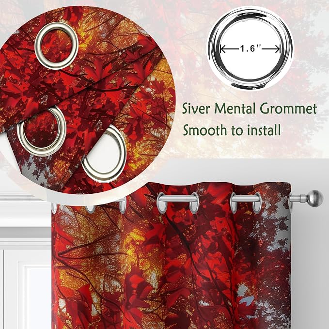 Red Maple Forest Window Curtains 52 x 63 in, Fall Landscape Drapes with Autumn Trees and Sunrise Scene, Woodland Curtains for Living Room Bedroom
