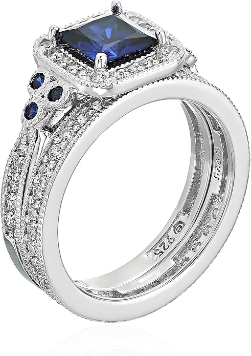 Amazon Essentials Platinum or Gold Plated Sterling Silver Antique Ring set with Asscher-Cut Infinite Elements Cubic Zirconia