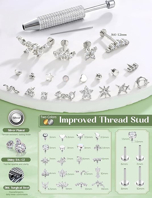 Flat Back Stud Earrings for Women Hypoallergenic Surgical Steel Internal Thread CZ Stud Piercing Jewelry for Tragus Helix Conch Cartilage 14K Gold/Silver Plated Nose Lip Labret Medusa Piercing 16G 18G