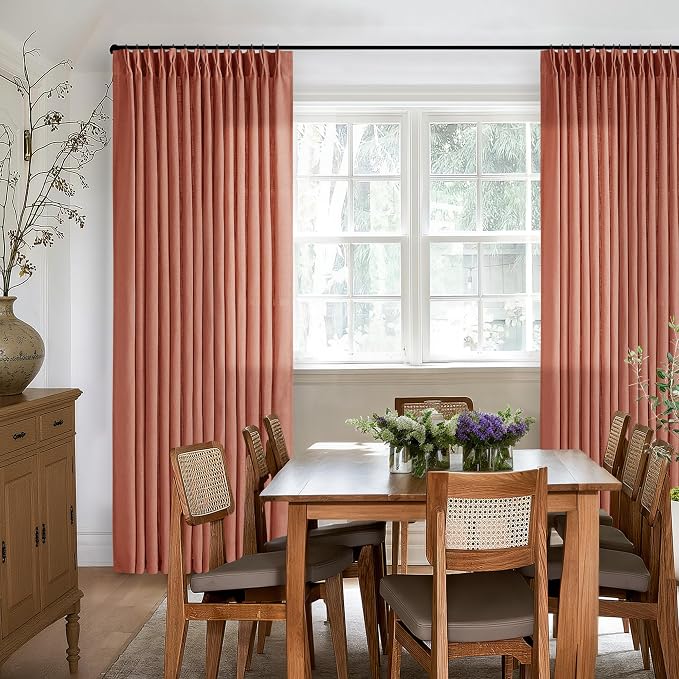 Pinch Pleated Terracotta Linen Curtains 84 Inches Long 2 Panels Firebrick | for Living Dining Room, Pinch Pleat Back Tab, Light Filtering Semi Sheer, Farmhouse Boho, Red Clay Autumn Fall Home Decor