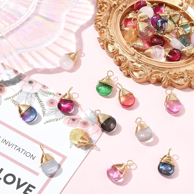 DanLingJewelry 50pcs Random Color Faceted Teardrop Glass Charms Crystal Glass Dangle Pendants with Wire Wrapped for Jewelry Making