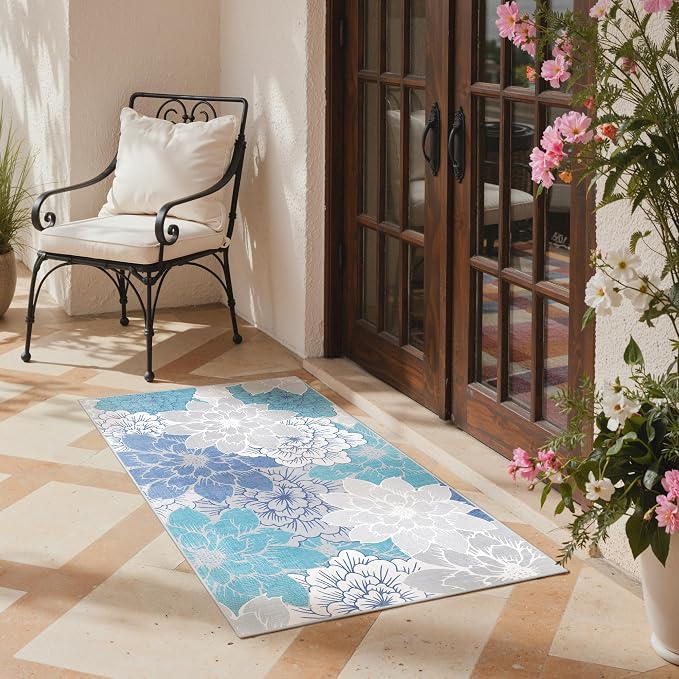 GENIMO 3x5 Outdoor Rug, Washable for Porch and Balcony, Aqua Grey | Floral design for entryway; fade resistant chenille with quick-dry non-slip backing for indoor mudroom