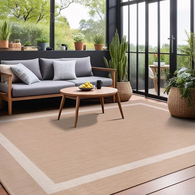 Luul Home Bordered Outdoor Rug 6x9 Washable Outside Carpet for Indoor Patio Porch Waterproof Easy Cleaning Non Shedding Area Rugs Beige 6 x 9